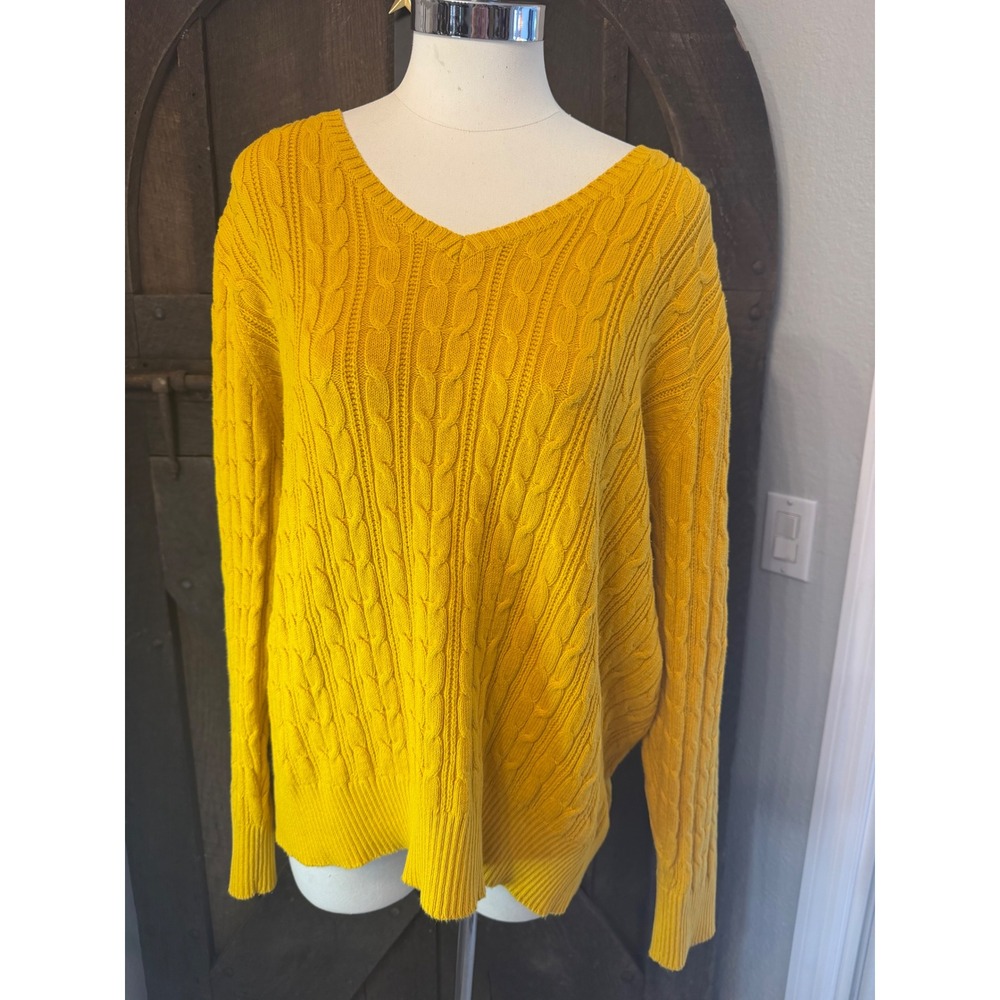 St John's Bay Cable Knit Sweater 2X Yellow Classic V-Neck Pullover